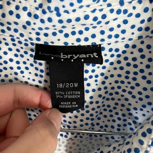 Lane Bryant Polka Dot Spotted Button Up Shirt Short Sleeves Collared Blue White - Picture 6 of 6